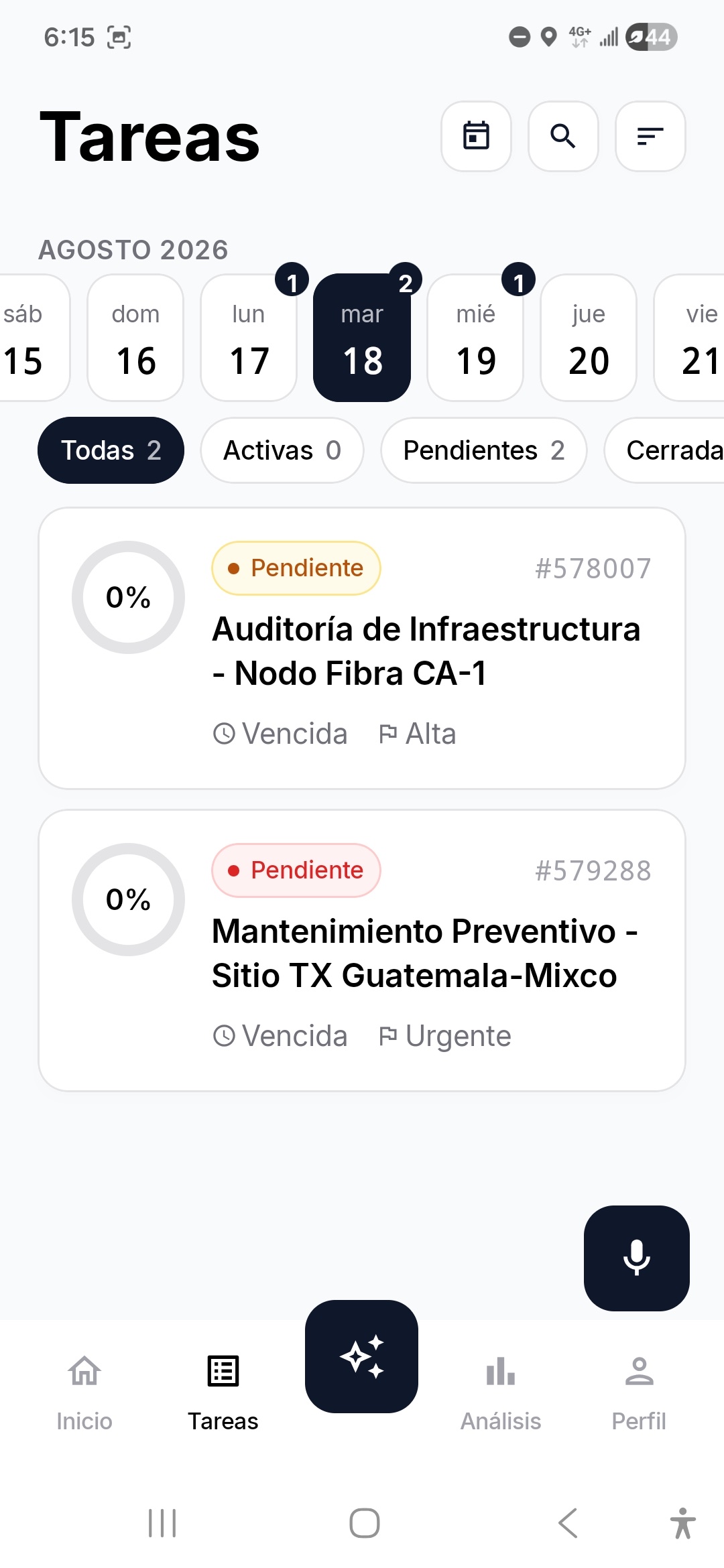 Quantifeye mobile field application showing assigned operational tasks